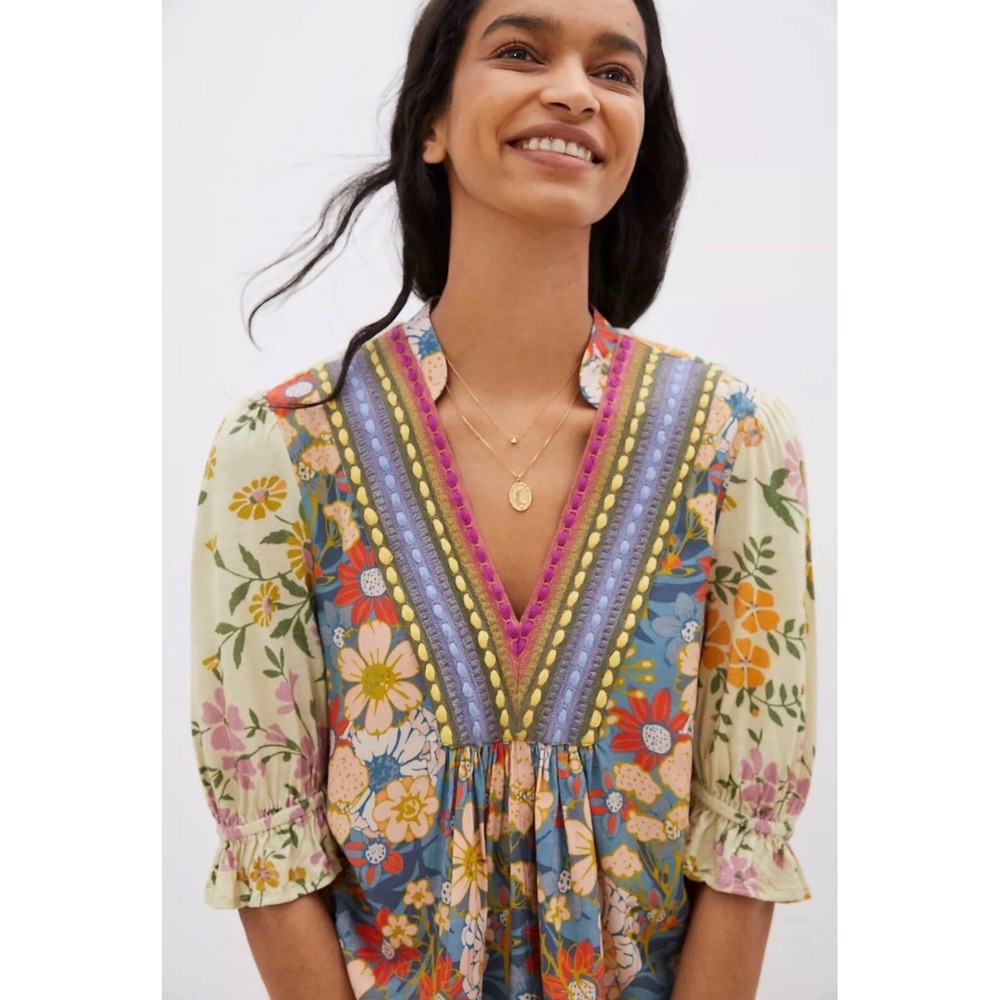 Boho Floral Peasant Blouse Embroidered Yoke Cottagecore Anthro Blank NYC Large